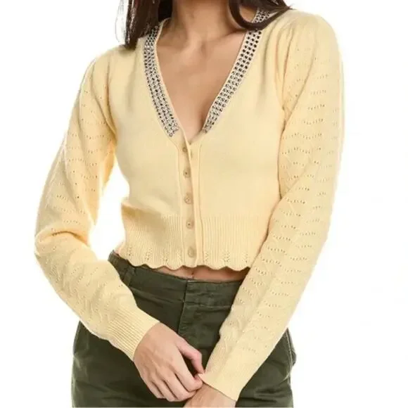 LoveShackFancy Brynner Wool Cashmere Cropped Cardigan Sweater Yellow Medium - Picture 1 of 12